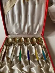 Hand-enameled Danish sterling silver spoons in red case
