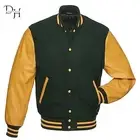 New Green Wool Varsity Letterman Bomber Jacket With Yellow Real Leather Sleeves