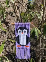 Macrame Penguin Wall Hanging Pixel Tapestry, Cotton, Image 4 Inches x 7 Inches