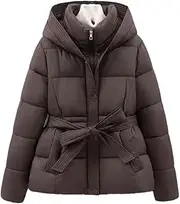 [Generic] Women Warm Parkas Long Sleeve Tops Casual Cotton Padded Jackets Belt Hooded Outwear