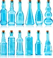 Small Blue Vintage Glass Bottles with Corks, Mini Vases, Decorative, Potion, Ass