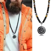 Arab Men's Jewelry Allah Disc Pendant Tigereye Necklace Lava Beaded Muslim Chain
