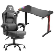 Advwin 120cm Black Gaming Desk RGB LED Light & Gaming Chair with Footrest Fabric Gray Blue
