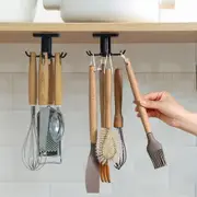2pcs Under Cabinet Kitchen Utensil Hooks,360° Rotating Drilling Free Adhesive Utensils Hanging Rack for Tools/Towel/Knife