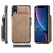 For Apple iPhone XR CaseMe Back Zipper Wallet Case W/ 3 Card Slots, RFID Blocking, 1 Money Pocket, Credit Card Holder Leather Cover (Brown)