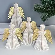 4PCS Paper Angel Honeycomb Christmas Decorations 3D Vintage Angel Ornaments for Christmas Tree Glitter Christmas Centerpiece Table Decorations Hanging Xmas Decorations for Mantel New Year Party