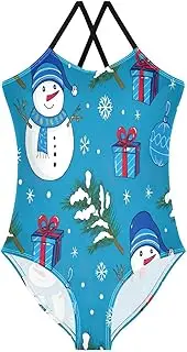 [RPLIFE] Little Girl Bathing Suits, Summer Beach Swimsuit 3-10 Y, Winter Cute Snowman Blue