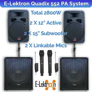 E-Lektron Quadix 552 2800W Active & Subwoofer Vocal Speakers Sound System with linkable UHF Mics and Poles