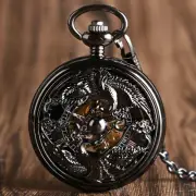 Luxury Men's Pocket Watch with Chain Steampunk Skeleton Black Mechanical Watches