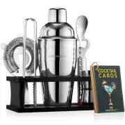 Mixology Bartender Kit - 8-Piece Silver Cocktail Shaker Set with Black Wood S...