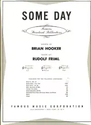 HOOKER FRIML SOME DAY SHEET MUSIC Bb (C TO F) MEDIUM PIANO/VOCAL 1952 RARE NEW