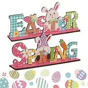 Easter Wooden Sign - Spring Wooden Sign Tiered Tray Decor | 2X Desk Decor, Colorful Letter Easter Decorations, Table Centerpieces Home Decoration