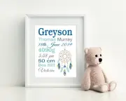 Baby Wall Art, Birth Detail Print, announcement, Nursery, Boho- Boy Dreamcatcher