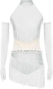 [TiaoBug] Womens Latin Dance Leotard Sleeveless Tassel Skirted Bodysuit with Mesh Gloves for Figure Skating Dance