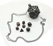 Generic Mini Metal DND Dice Set with Flying Dragon Hollow D20 Dice Necklace Case Antique Tiny Metal Dice Set D&D Portable 7PCS Dice Set Dark Gray
