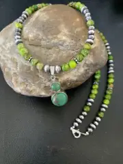 Womens Green Gaspeite Turquoise Pendant Navajo Sterling Silver Necklace 12267