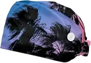 [WOSHJIUK] Working Hat 2 Pack Scrub Caps for Women,Palm Tree Sunset Beach,Tie Back Cap Adjustable Scrub Hat