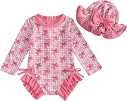 [Kutterild] Infant Baby Girl Swimsuit Long Sleeve Zipper One Piece Bathing Suit with Sun Hat Swimwear Toddler Girl Rash Guard