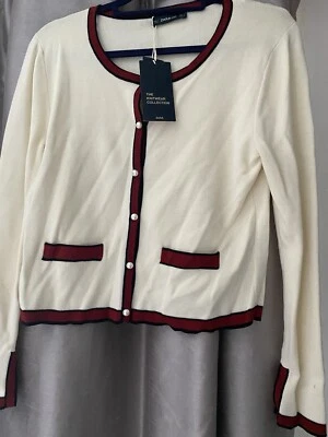 Zara Cardigan jacket cream nay red trim With Pearls Buttons Size Medium BNWT