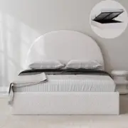 Arch Boucle Fabric Double White Gas Lift Storage Bed Frame