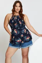 Floral Print Singlet Top Shirred Peplum