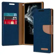 Goospery Canvas Samsung Galaxy S22 Ultra Wallet Leather Case Denim Stand Flip Fabric Pouch Credit Card Slots Cover - Navy Blue