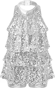[Miutii] Kids Girls Sleeveless Shiny Sequins Halter Tassel Mini Dress Latin Jazz Salsa Samba Rumba Unitard Dancewear