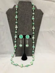 Sale! Vtg Turq Grn & Wht Art Acrylic & Sea Shell Beaded Necklace/Earring Set