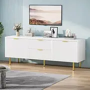 Levede 160cm Entertainment Unit TV Cabinet Stand Metal Legs Mid Century Modern Fluted Storage & 2 Large Drawers, Wood TV Console Table Media Cabinet, TV Stands for Living Room Bedroom,White