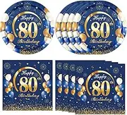40PCS 80th Birthday Decorations forMen 80th Birthday Decorations Navy Blue and Gold Theme Party Supplies Include Plates and Napkins For 80 Years Old Party Supplies Gifts