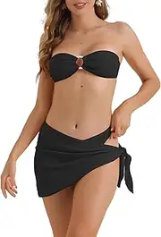 [Elerevyo] Women's Ribbed O Ring Bandeau Bikini Sets, 3 Piece Back Buckle Triangle Thong Bottom Swimwear Bathing Suits Black Medium