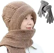 Integrated Ear Protection Windproof Cap Scarf, Knitting Thick Warm Ear Guard Hat, Comes with Winter Warm Fleece Gloves (Khaki)