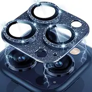 Smasener iPhone 15 Pro Max Camera Lens Protector - 9H Tempered Glass, Alloy Metal Cover, Glitter Blue Titanium, 1 Pack