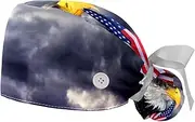 [WOSHJIUK] Working Hat 2 Pack Scrub Caps for Women,Eagle American Flag Cloudy Day,Tie Back Cap Adjustable Scrub Hat