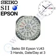 Genuine Seiko SII Epson VJ43 Watch Movement Japan 3 Hands, Date/Day at 3