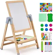 Kids Art Easel, Double-Sided Magnetic Whiteboard and Chalkboard, 27-38 cm Adjustable Height, Natural Wood