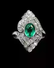 Art Deco Style Lab Created Diamond & Emerald Anniversary Ring 14k White Gold FN