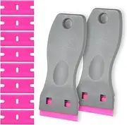 2-Pack Grey Non-Scratch Plastic Scrapers, 8 Pink Replacement Razor Blades, Adhesive Sticker Decal Remover, House & Car Cleaning Tool for Glass, Cooktop, Oven, Stove, Remove Stain, Dirt, Paint, Glue