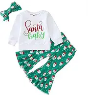 [Generic] Tennis Clothes for Girls for Winter Toddler Girls Christmas Long Sleeve Letter Cartoon Santa Prints T Shirt Tops Bell Bottoms Flare Pants Headbands Outfits Crop Set (Green, 12-18 Months)