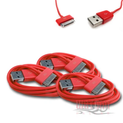 3 USB SYNC DATA POWER CHARGER CABLE APPLE IPAD IPHONE 4S 4 3GS 3G IPOD NANO RED
