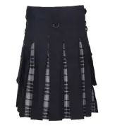 Men's Black Scottish Hybrid Utility Leather strap Tartan Inner Pleat Cotton Kilt