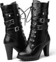 [Susanny] Women Autumn Round Toe Lace Up Ankle Buckle Chunky High Heel Platform Knight Martin Boots