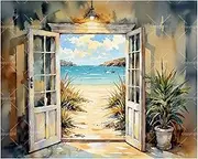 Coastal View Paint by Numbers Kit for Adults - DIY Ocean View Through French Doors Painting on Canvas 16x20 Inches, Acrylic Paint Set, Suitable for Beginners,Art for Home Decoration or Gifts