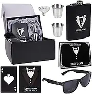 6 Pieces Bestman Gifts Bestman Proposal Wedding Party Box Set: 8oz Stainless Steel Tuxedo Flask with cups Poker Bottle Cap Opener Sunglass Card Sticker Groomsman Box for Wedding Bachelor Party