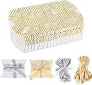 Crafans 30 Sets Pillow Paper Candy Boxes Hot Stamping Printed Wedding Favour Boxes Pillow Cardboard Paper Candy Box with Ribbons for Christmas Party Wedding Birthday, Golden&Silver