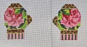 handpainted needlepoint canvas by Kelly Clark of ornament sized mini mittens