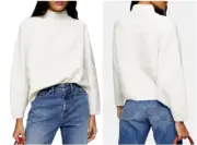 TOPSHOP Ivory Funnel Mock Neck Sweater Acrylic Wool Blend 12 US LARGE EUR44