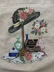 Finished Completed Cross Stitch Women Roses Floral Perfume Jars Hat Stand