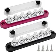 6 x 5/16" (M8) Studs Power & Ground Distribution Block Bus Bar, Ampper 5.9" 12V 200A Battery BusBar with Cover for Auto, Boat and Solar (Red & Black)