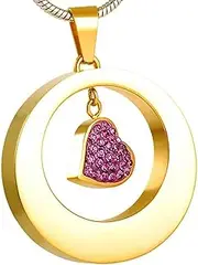 [DOTUIARG] Stainless Steel Cremation Necklace for Ash Pink Crystal Heart In Circle Women Necklace Memorial Jewellery (5 Color)